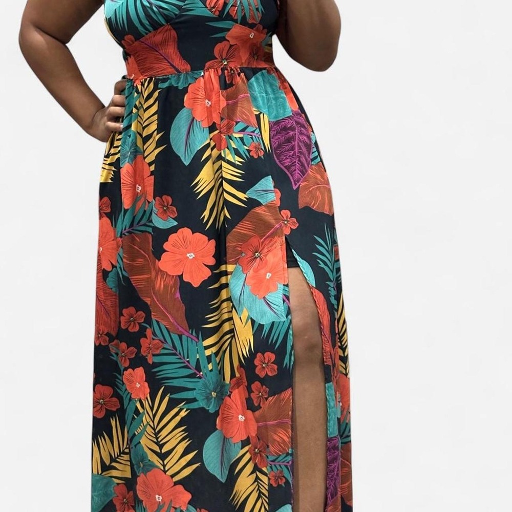Tropical Print Maxi Dress with Flower and Leave Print